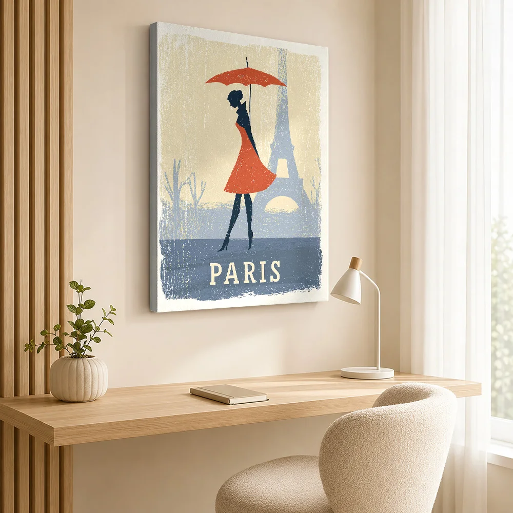 Parisian Woman with Umbrella Framed Canvas Poster Personalized Modern Aesthetic Wall Paintings Decoration for Dining Room Home