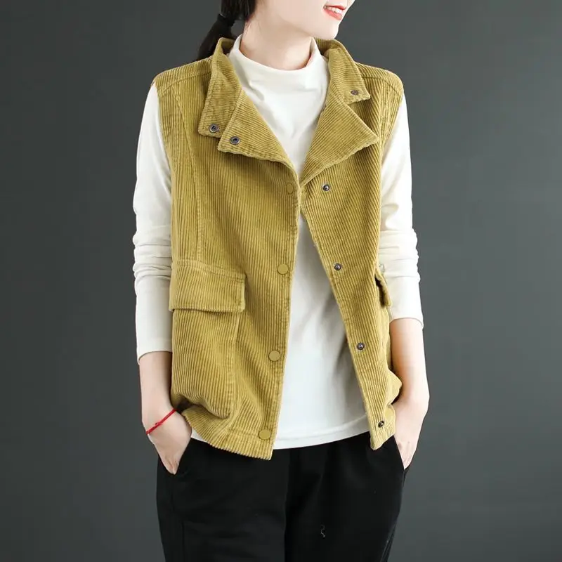 

Autumn Winter New Women Corduroy Coat Vests Lapel Solid Single Breasted Pocket Vintage Fashion Loose Sleeveless Cardigan Tops