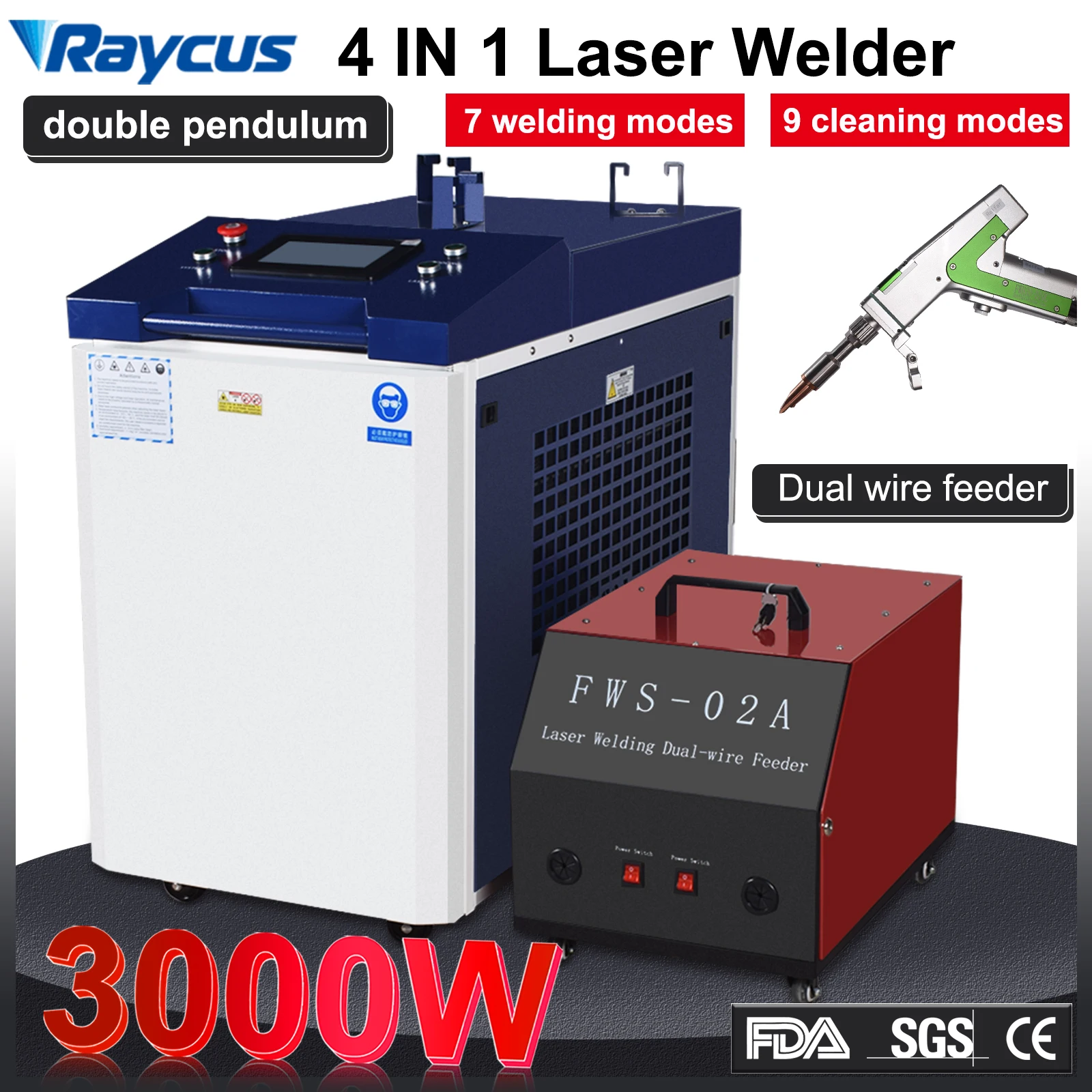 3000W Raycus Laser Welder Dual Wire Feeder 4 in 1 Laser Welding Cleaning Cutting for Metal Double Pendulum Laser Welding Machine