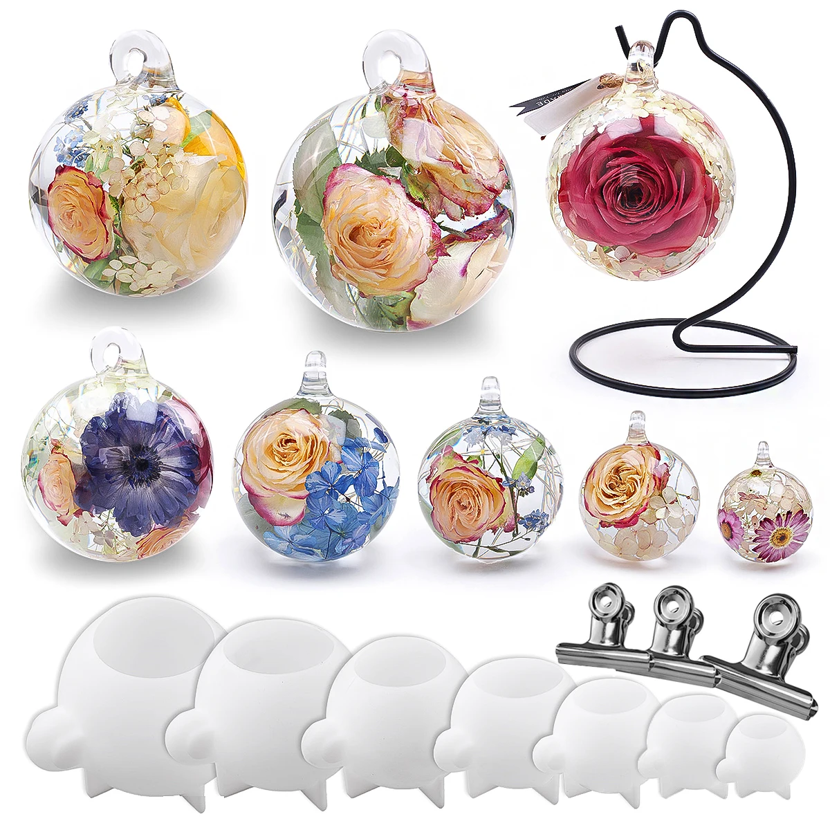 DIY Crystal Epoxy Resin Sphere Mold 3D Multi Size Desktop Ornamental Crafts Making Kit Perforated Ball Hanging Bracket Mirror Si