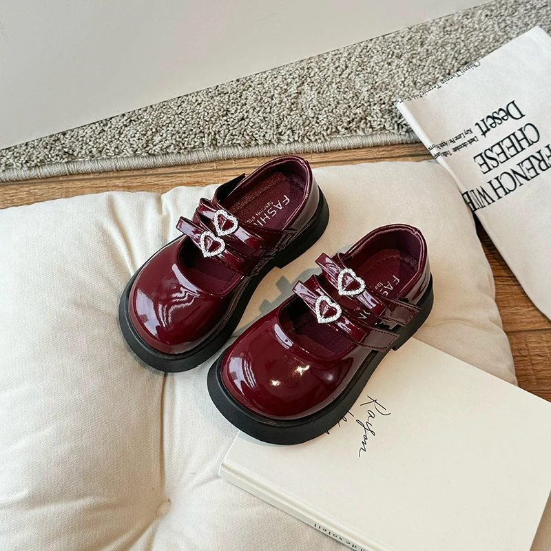 Children Leather Shoes for Spring Wine Red Black Elegant Girl's Mary Janes Chunky Hook-loop Beautiful Comfy Kids Shoe 26-36