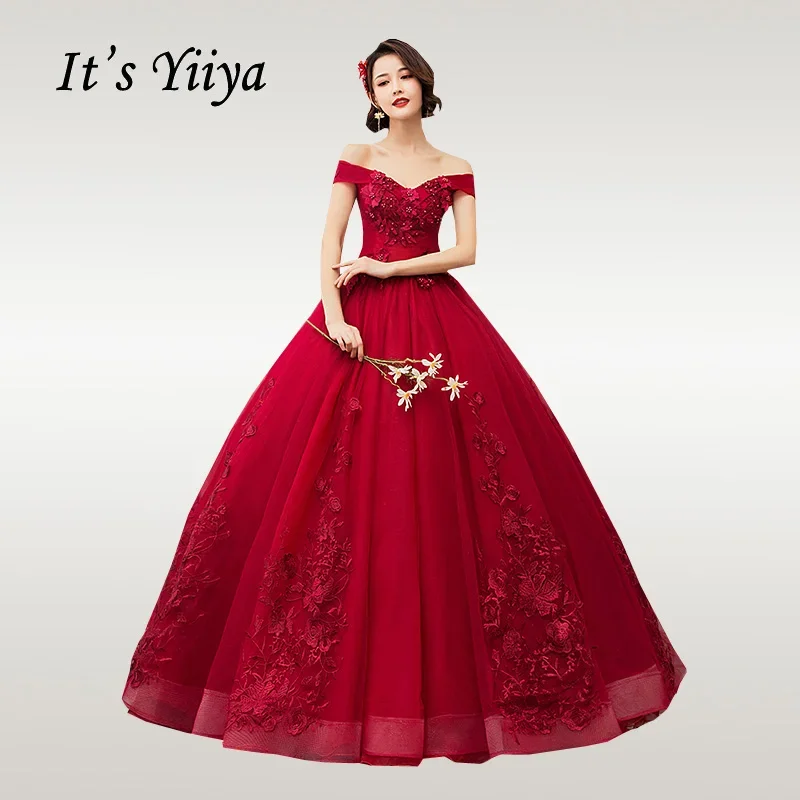 

It's YiiYa Evening Dress Burgundy Appliques Off the Shoulder Princess Floor-length Plus size Party Formal Gown Vestido de novia