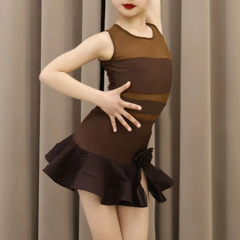 

Стильное сетчатое платье для латинских танцев, костюм для девочек, дышащая профессиональная тренировочная юбка с короткими рукавами, комплект для выступлений детей