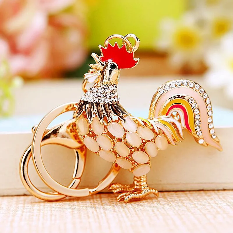 

Cock Luxury Rooster Chicken Keychains Crystal Trinket Key Ring chains Holder Metal Animal Keyrings