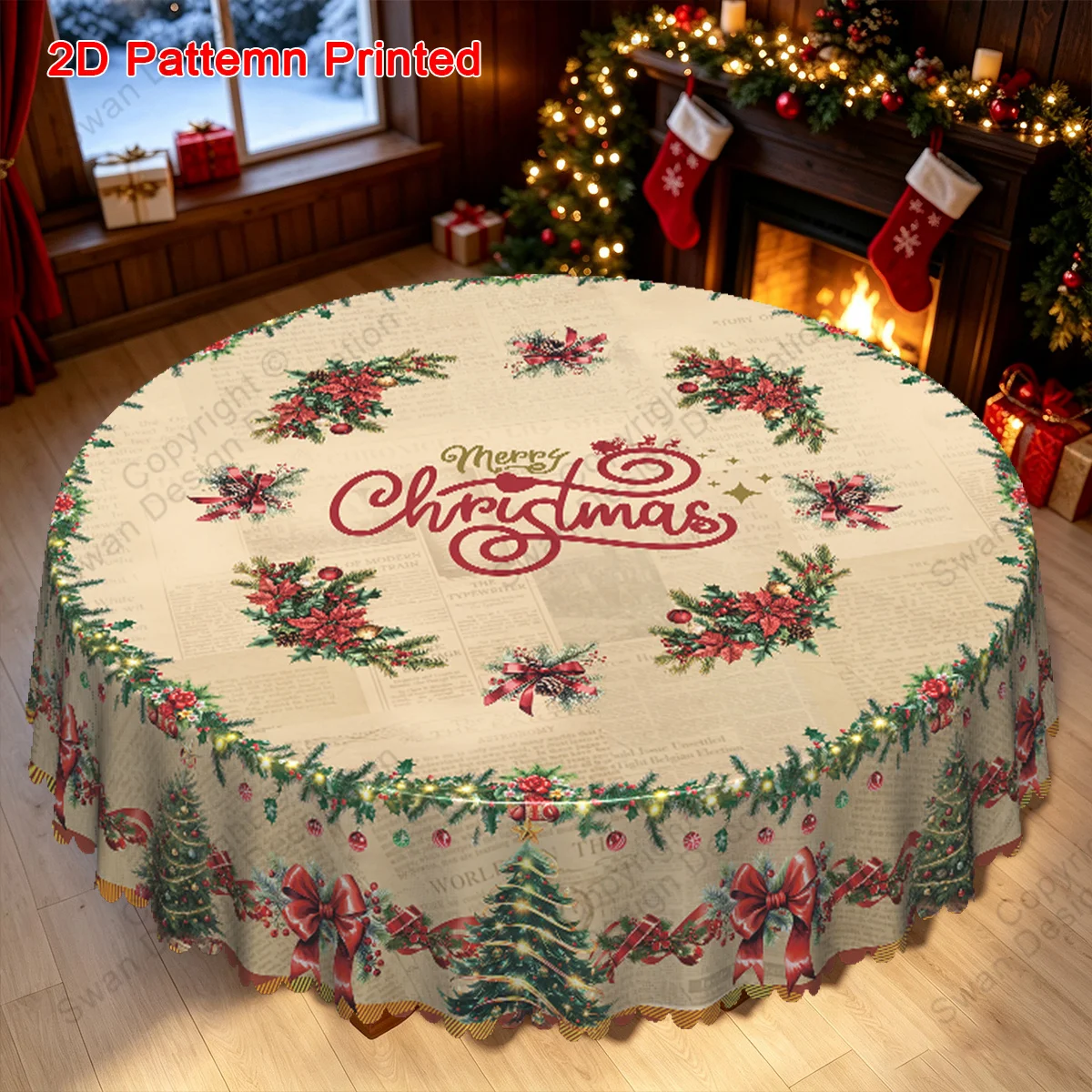 1 piece, Merry Christmas themed tablecloth, poster style Christmas tree with red bow pattern tablecloth
