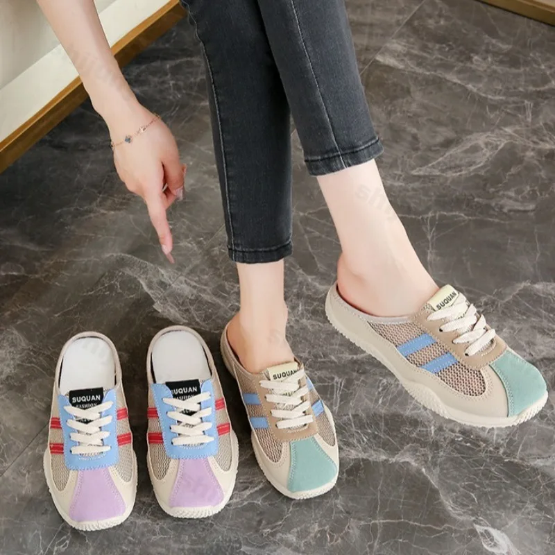 

2025 Summer New Mesh Breathable Cool Slippers New Women Fashion Thick Sole Height Increasing Half Drag Shoes Comfortable Sandals