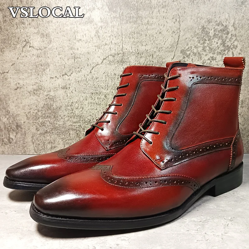 

Luxury Men Ankle Boots Red Black Genuine Leather Casual Mens Dress Boots Shoes Lace up Wedding Party Boots Shoes For Man