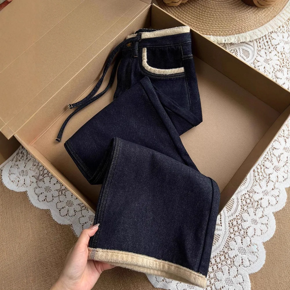 

Толстые и плюшевые темно-синие прямые джинсы для женщин в зиме, большие размеры, свободные брюки с высокой талией, узкие и широкие брюки