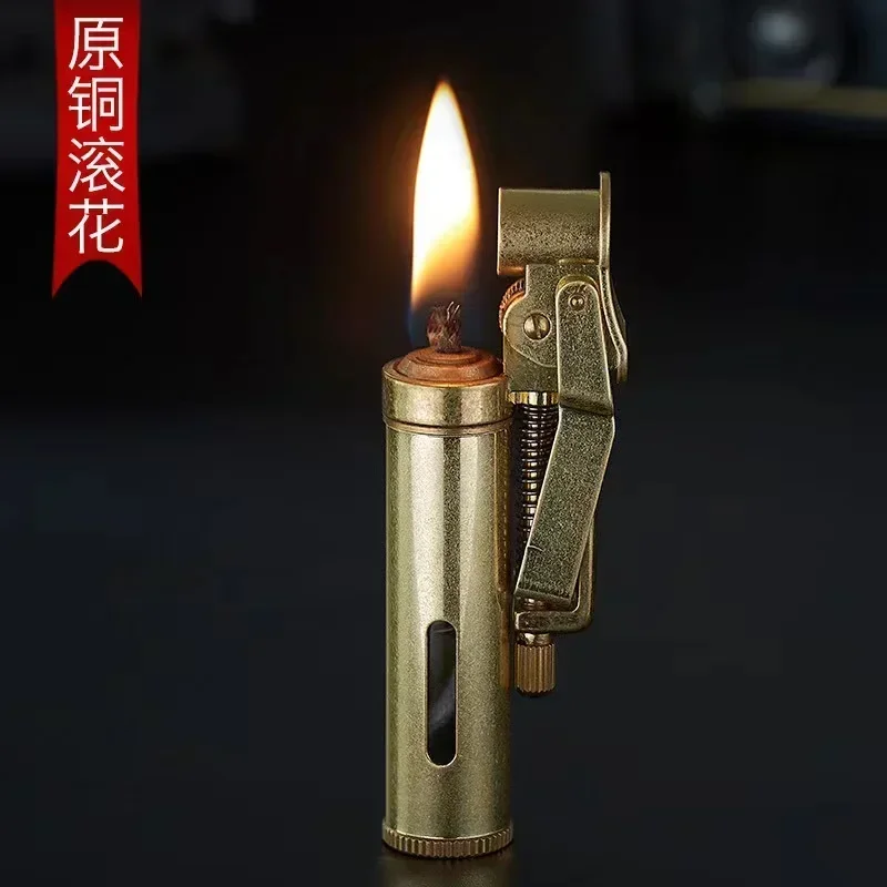 New Copper Kerosene Lighter Visual Oil Tank One-key Ignition Retro Nostalgic Grinding Wheel Lighter Men\'s Smoking Gift Tool