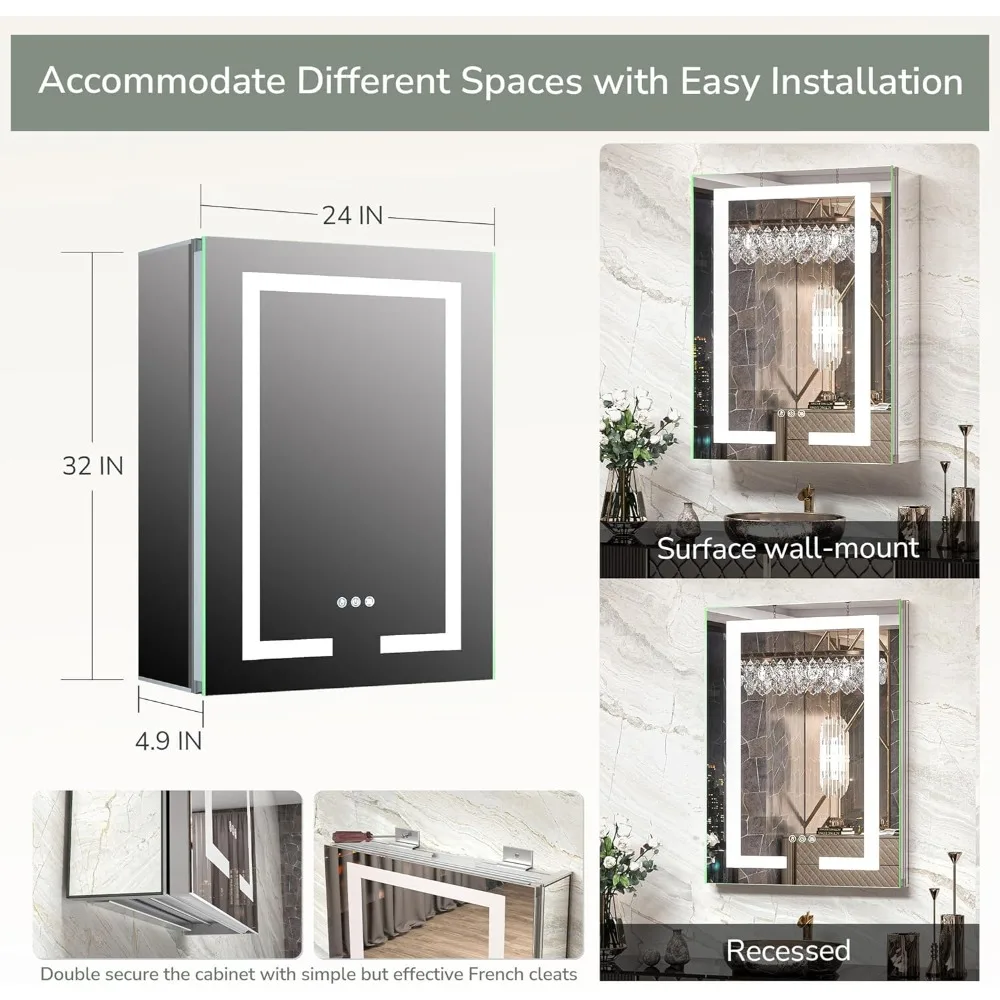 Mirror Cabinets, 24x32 Recessed Medicine Cabinet with Mirror Frontlit Light and Electrical Outlet, Mirror Cabinets