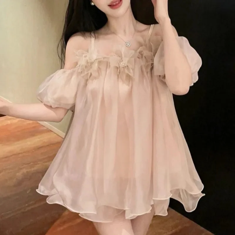 

Pink Dresses A-line Camisole Feminine Sweet Temperament Bubble Sleeves Summer Korean Flower Decoration High-quality Skirt New