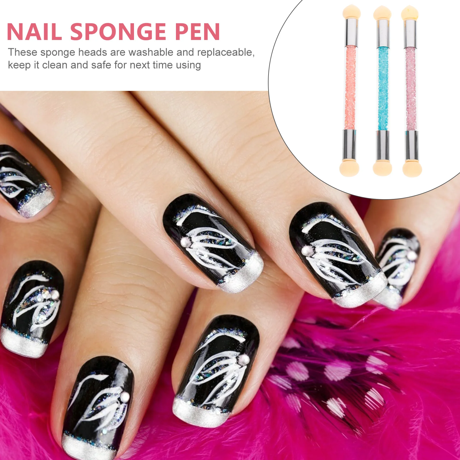 

3pcs Dual Head Sponge Brush Washable Replaceable Manicure Art Tools Rhinestone Handle Painting Brush Nail Art Pen Salon Nail