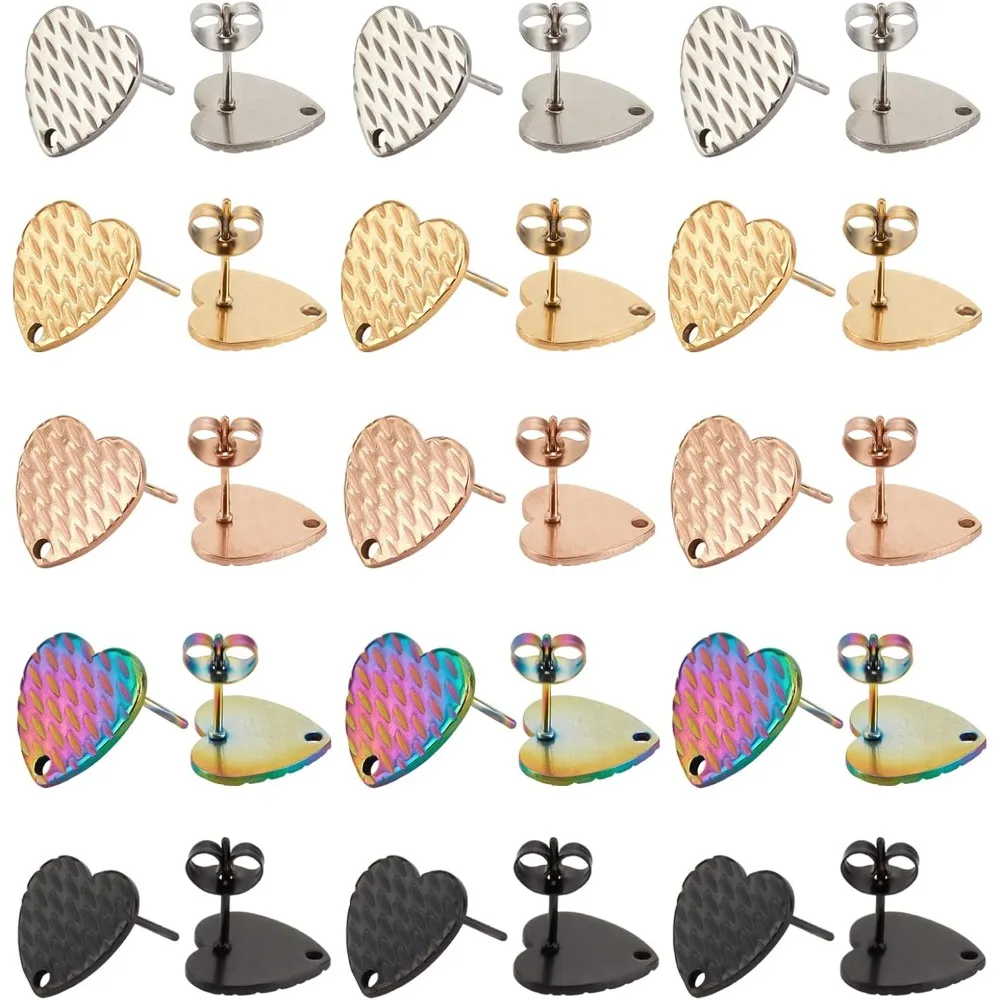 

30pcs 5 Colors Heart Shape Stud Earring Stainless Steel Stud Earrings Earrings with Earring Backs for Jewelry Making 12x13x1mm