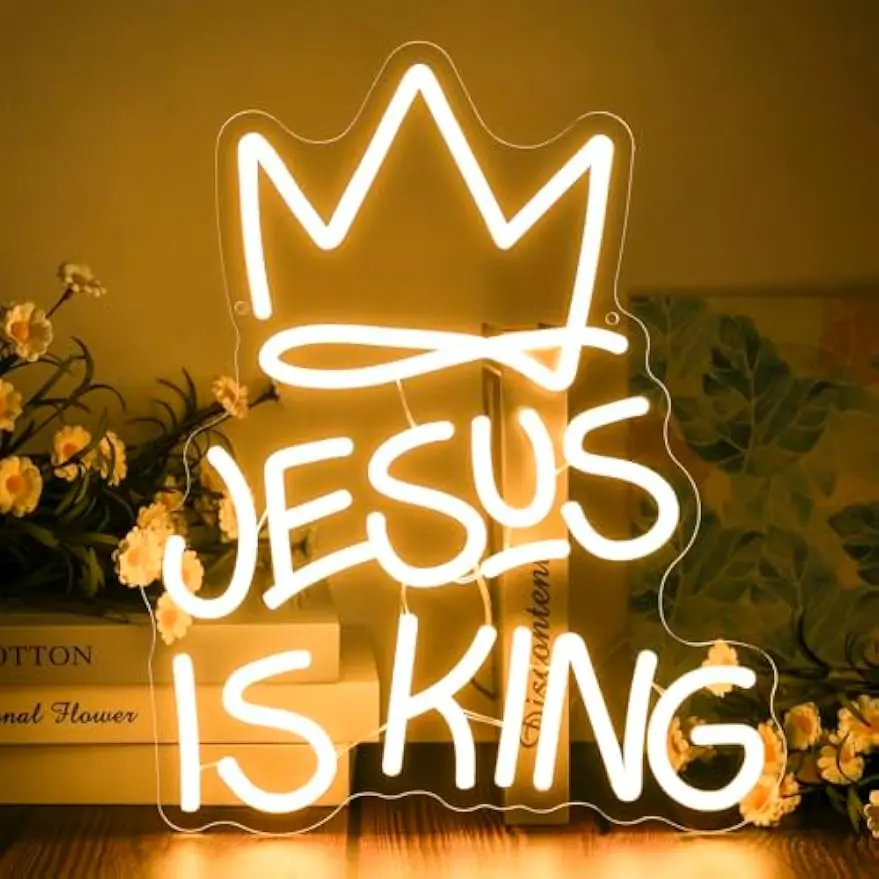 Jesus is King Neon Sign USB Christian Crown LED Neon Light for Party Church Home Bedroom Prayer Room Wall Decor Gift Night Light