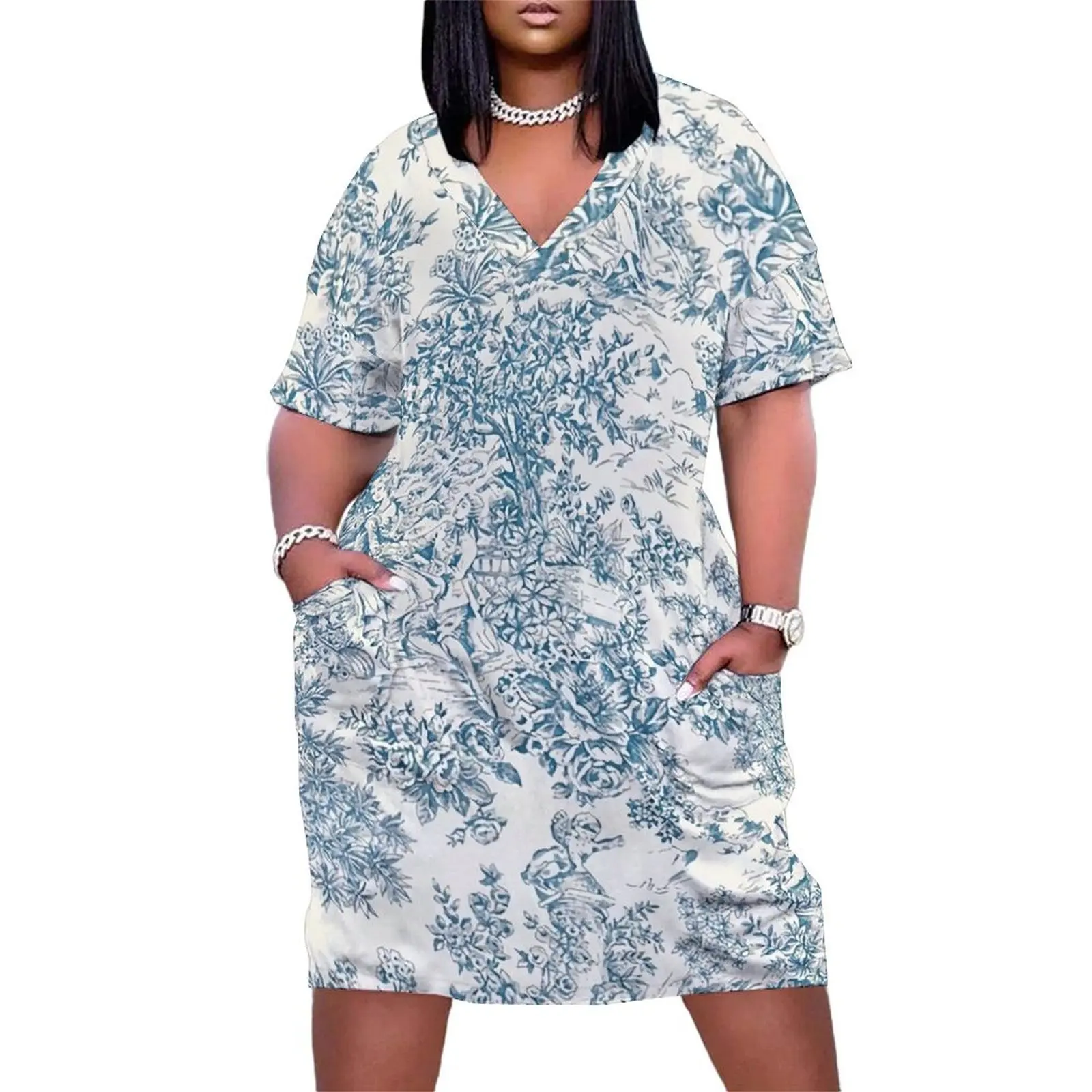 

Powder Blue Romantic Flowers French Toile Design Loose Pocket Dress Women"s dress dresses for women 2024 women dress