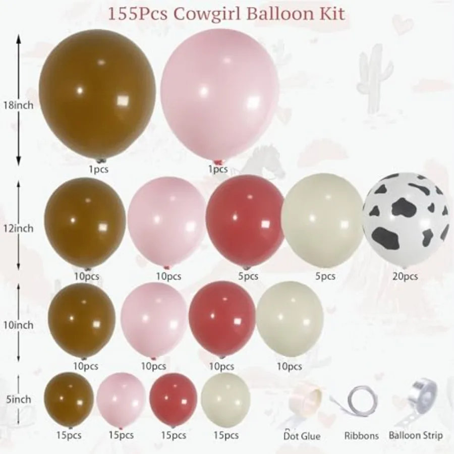 155개입 더스티 핑크 소 풍선 아치 가랜드 키트 (브라운, 화이트 풍선 포함) 카우걸 생일, 소 아기 샤워, 농장 동물, 서부 테마