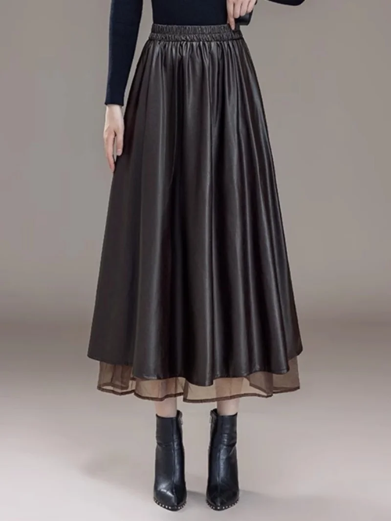 Classic Black Leather Midi Skirt Women, High Waist A-Line  Versatile Skirt, Vintage Hepburn Style Must-Have Wardrobe Basic W1854