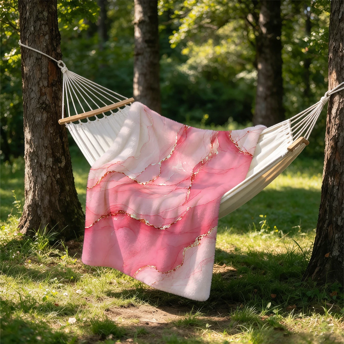 Pink Marble Gold Veins Flannel Blanket Warm Soft Halloween Christmas Couch Warm Cozy Decorative Decor Gift for All Season