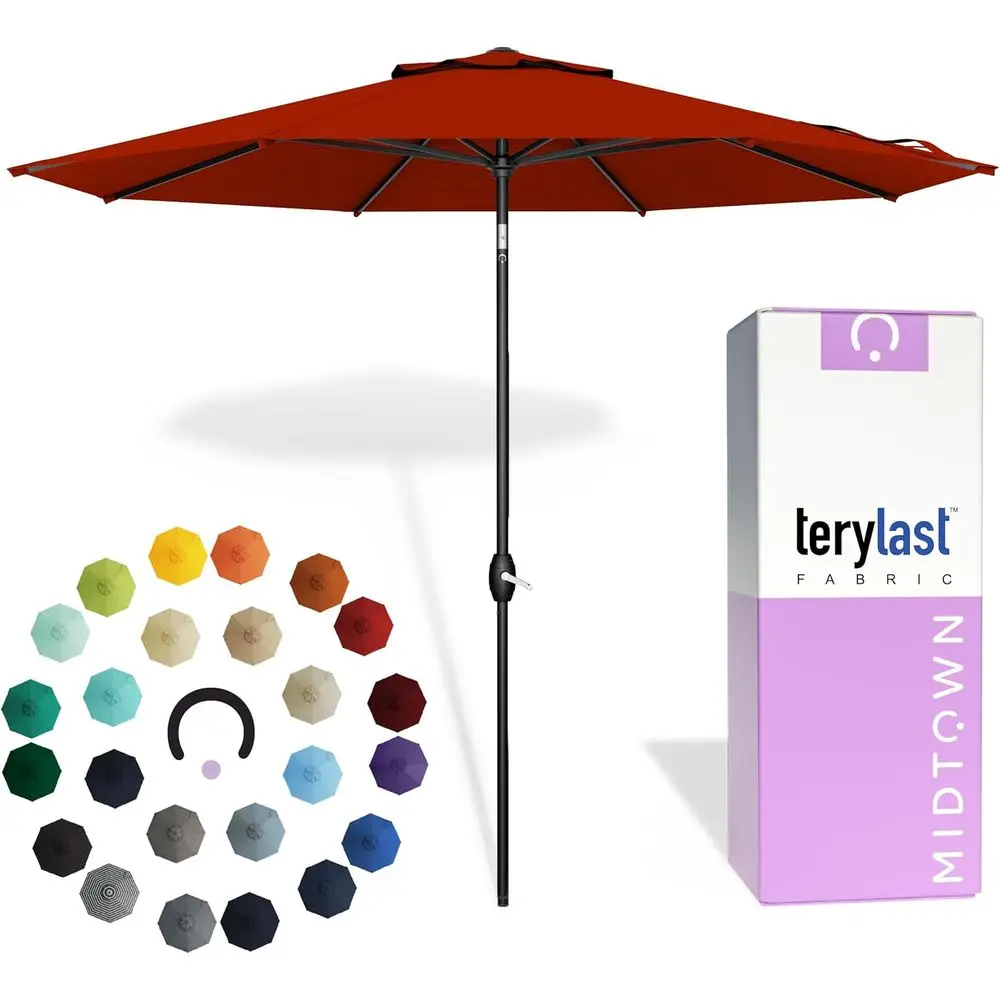 

10-Year-Warranty 9ft Patio Umbrella with Durable Fabric, Auto-Tilt, 8 Reinforced Ribs for Deck, Pool, Garden, Beach - Red or Bla