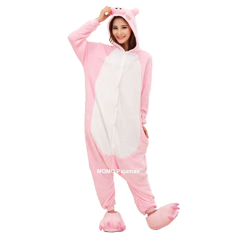 Anime Onesies Women Warm Sleepwear Flannel Pajamas Set Children Kids Girls Jumpsuits Cosplay Pink Pig Animal One Piece Costumes