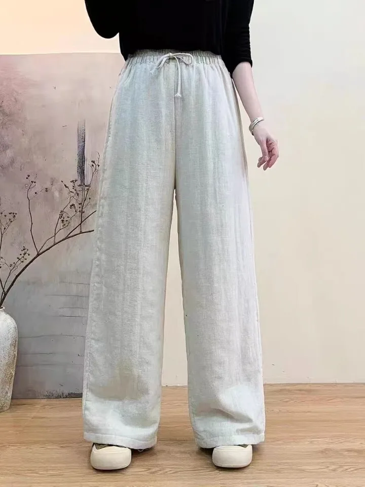 

Новые китайские широкие хлопковые брюки, женские зимние свободные тонкие эластичные талии, теплые хлопковые брюки с завязками на талии