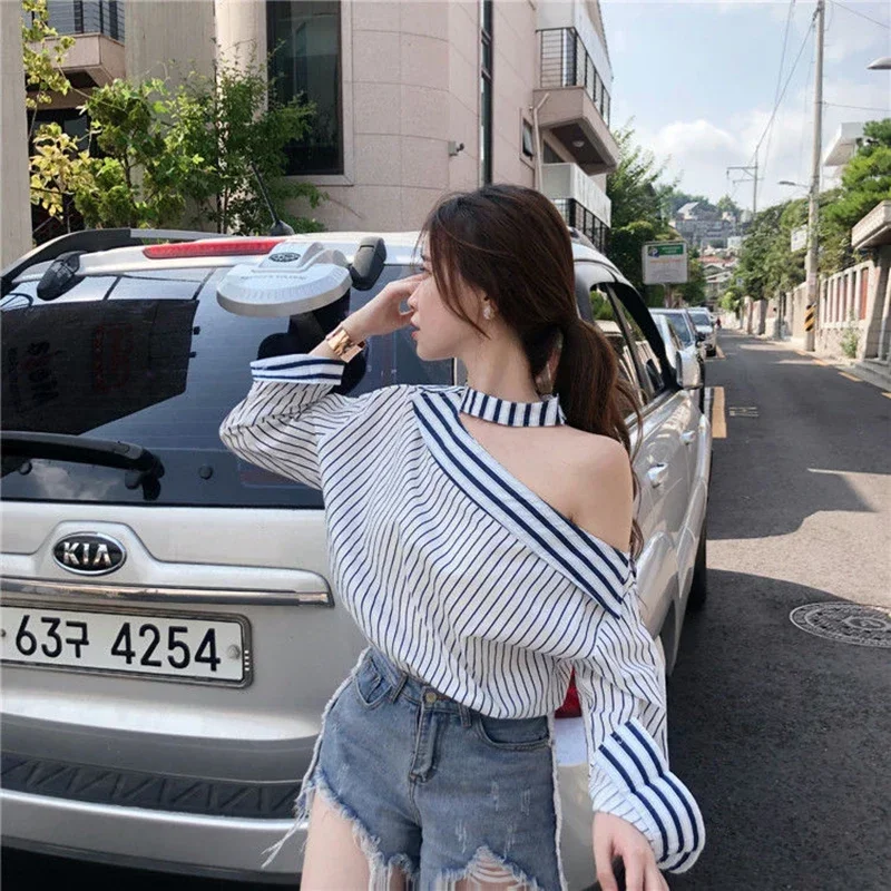 Elegant Striped Shirts Women Streetwear Sexy Off Shoulder Blouses Korean Fashion Hollow Out Halter Long Sleeve Casual Tops New