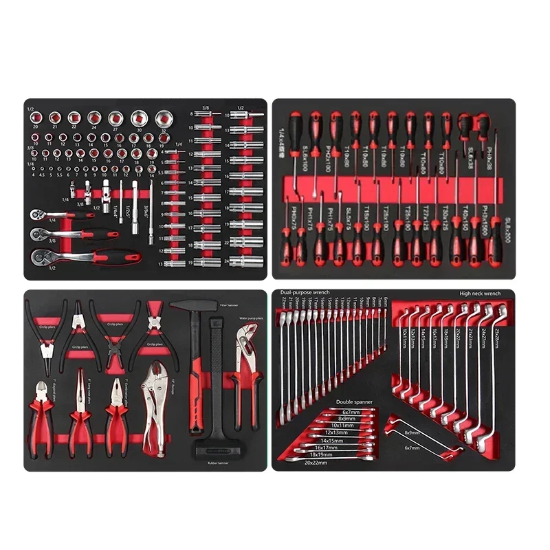 156PCS Car Repair Tools filled in 4 EVA Foam Trays for Tool Trolley Automotive Repair Tools Garage Equipment