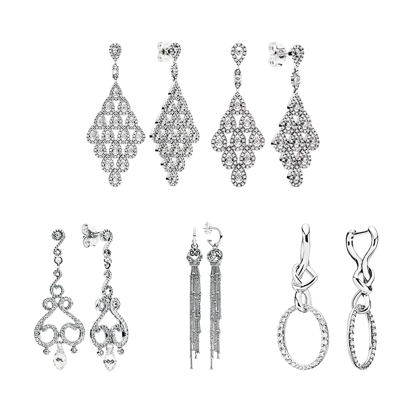 925 Sterling Silver Dangling Drop Earrings For Women Jewelry Zircon Stones Cascading Glamour Swirl Chandelier Tassel Knot Hearts