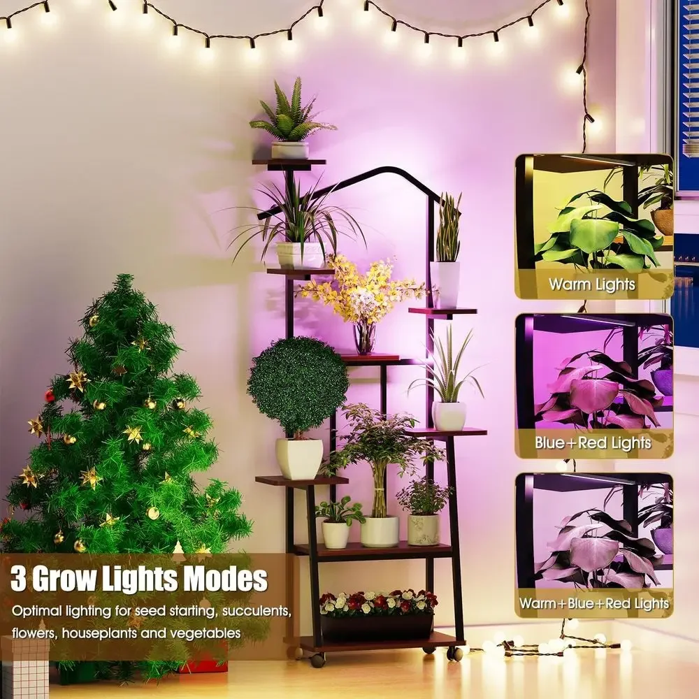 65 High Metal Indoor Plant Stand with 8 Tiers and Grow Lights, Suitable for Multi-Level Plant Display in Living Spaces and Patio