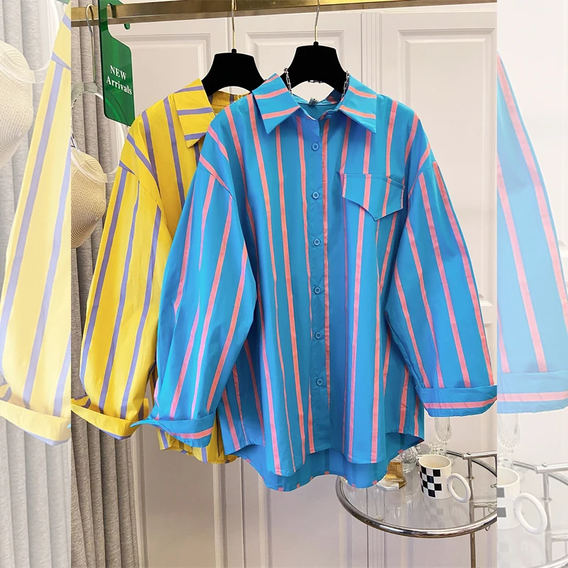 

Yellow Striped Blouse Woman for 2026 Spring Autumn Korean Style Shirts Lady Batwing Sleeve Casual Outerwear Female Clothes KE860