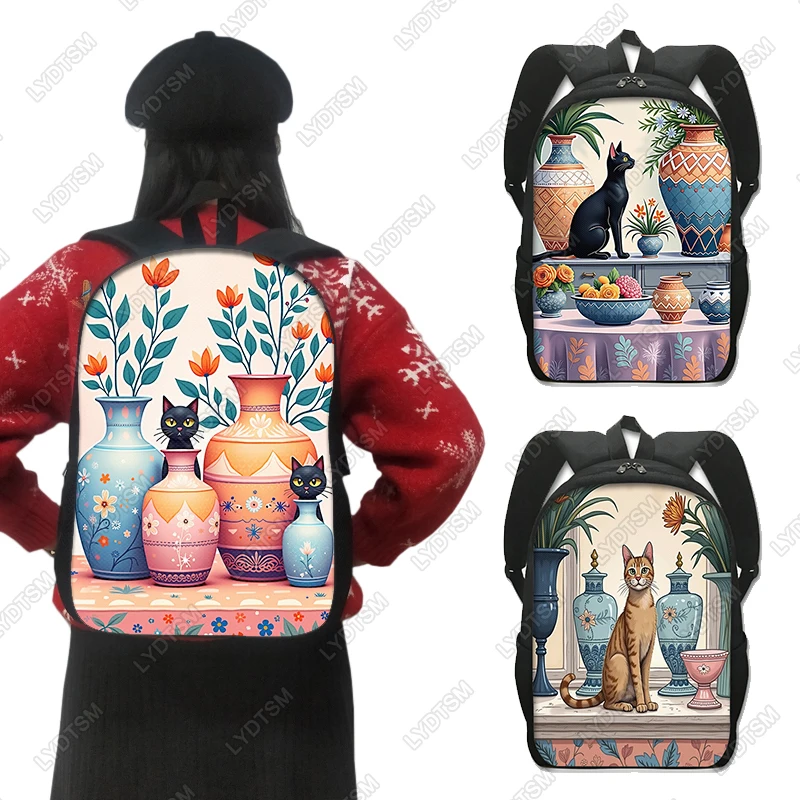 

Cute Cat Standing on The Table Print Backpack Flower Vase School Bag Women Daypack Rucksack for Travel Laptop Book Bag
