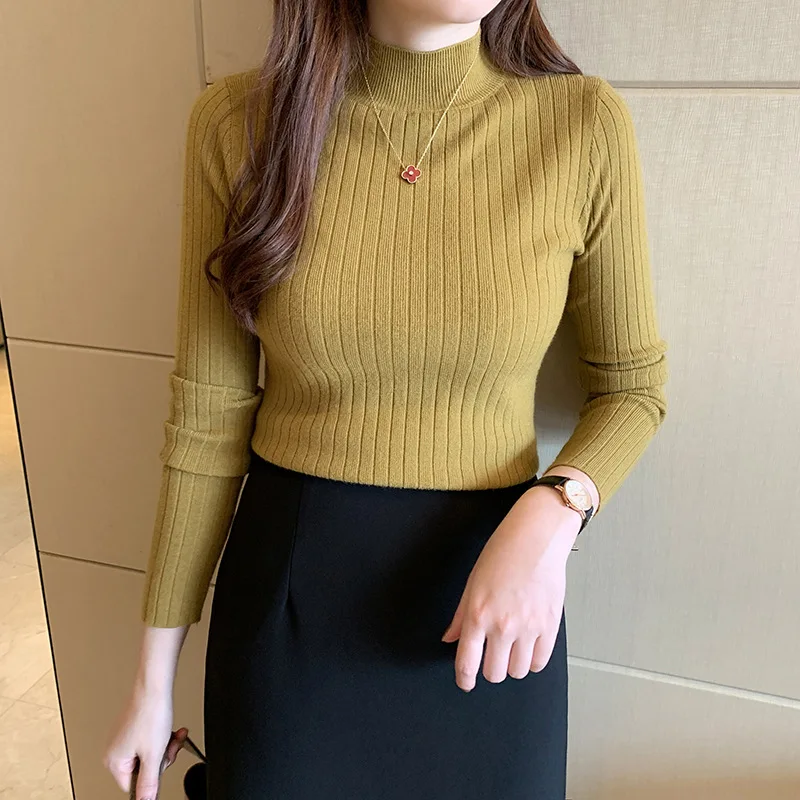 Women Autumn Winter Knitted Sweater Half High Collar Solid Color Underlay All Match Long Sleeve Top