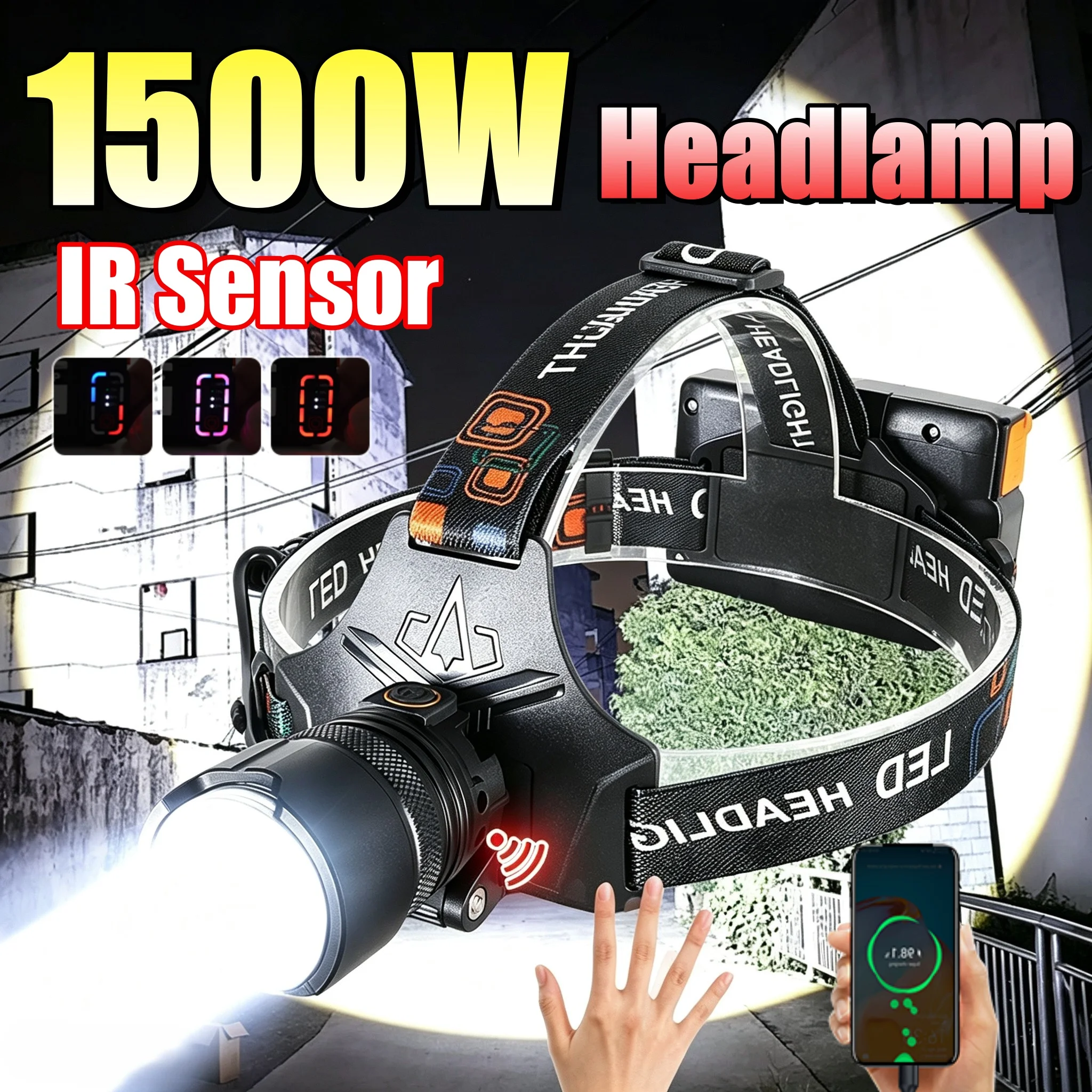 1500W IR Sensor LED Headlamp Long Shot 6000M USB Rechargeable Zoomable Headlight Waterproof For Fishing Camping Hunting Outdoor