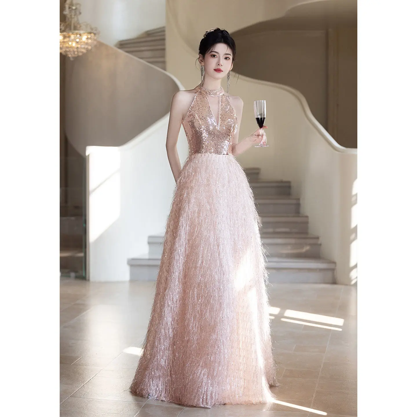 

Pink Evening Dress Crew Zipper Back Floor Length Long Party Dress Sequins Party Dress 2026 L&P DQL Studio