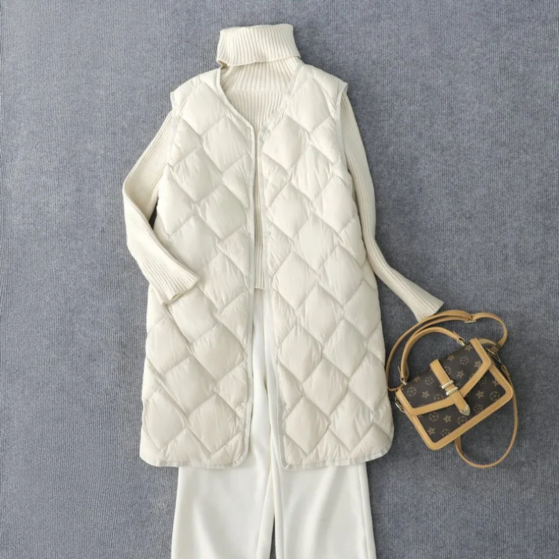 Autumn Winter X-Long White Duck Down Warm Female Korean Vest Coat 2023 New Arrivals Women Sleeveless Ultra Light Down Jacket