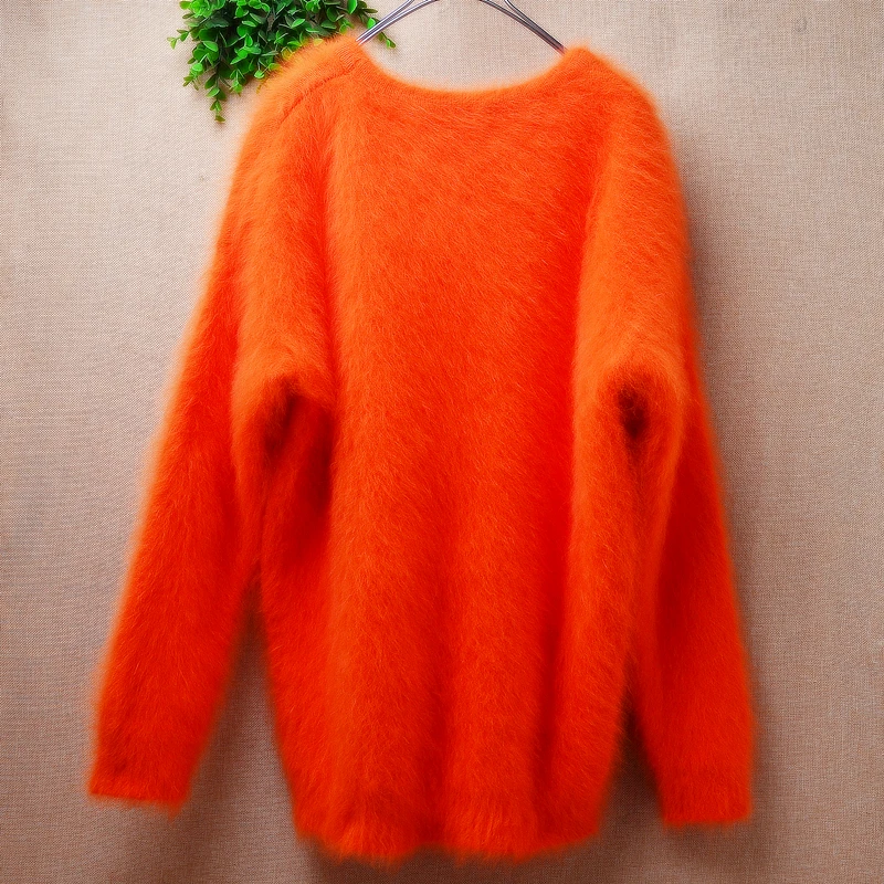 Women Mujer Autumn Winter Clothing Orange Hairy Mink Cashmere Knitted O-Neck Long Sleeves Loose Pullover Angora Sweater Jumper