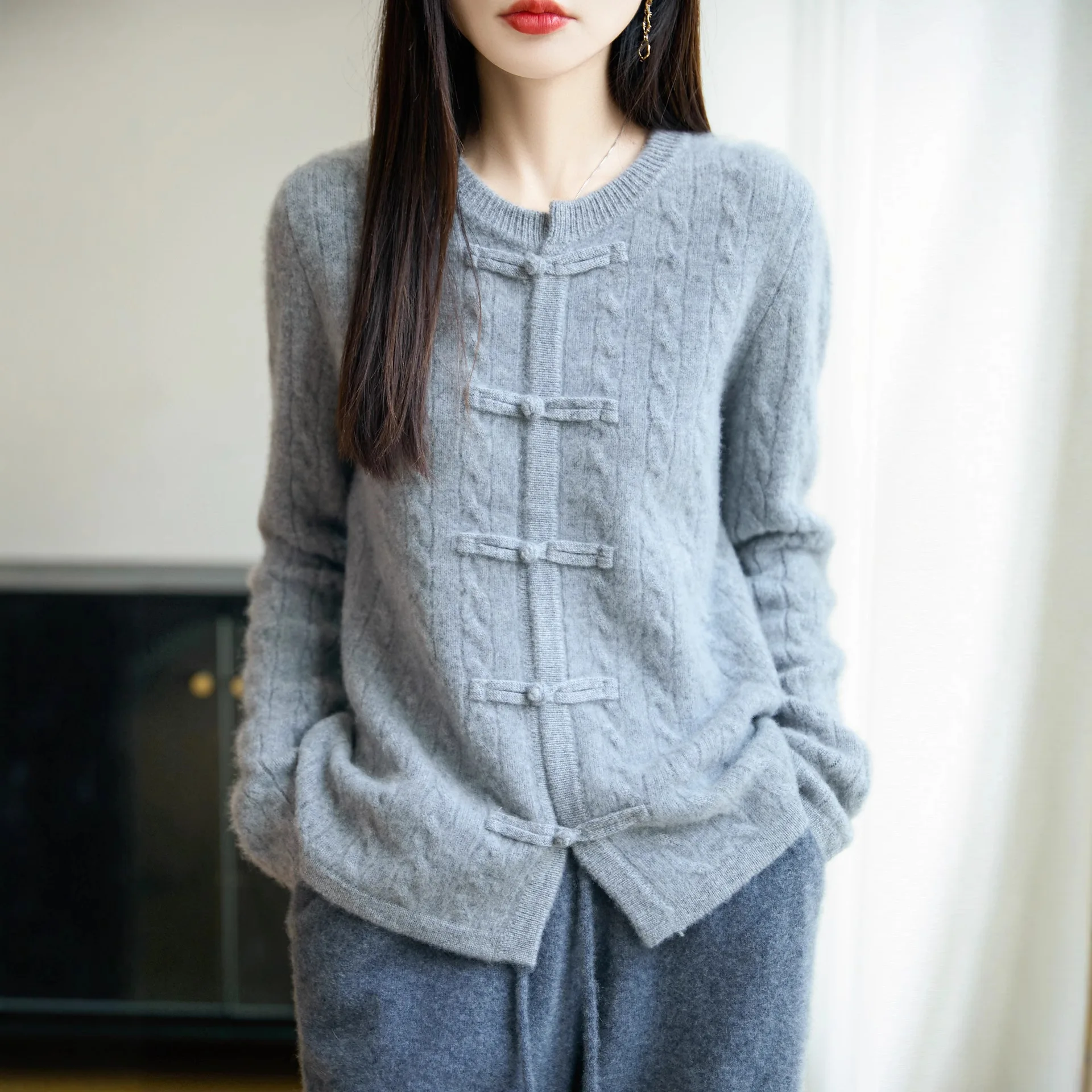 여성용 가디건 100% 울 긴 소매 O넥 아우터웨어 두꺼운 따뜻한 니트 스웨터 싱글 브레스티드 한국 패션 루즈 가디건