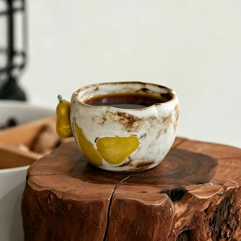 Retro 3D Pear Ceramic Mug Vintage Textured Porcelain Coffee Cup Creative Fruit Handle Tea Cup&Dessert Plate