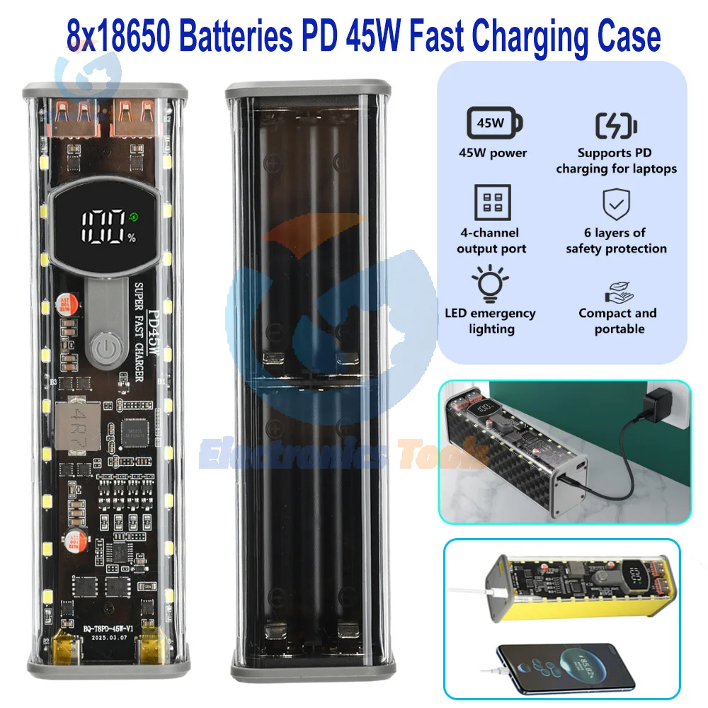 

PD 45W Fast Charging Case Transparent Power Bank Case Kit for 8x18650 Batteries Weldless DIY Shell for iPhone Xiaomi Samsung