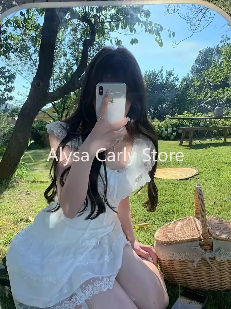 Sweet Fairy Lace White Mini Dress Women Japan Kawaii Bow Flying Sleeve One Piece Dress Summer Elegant Party Princess Dress 2024