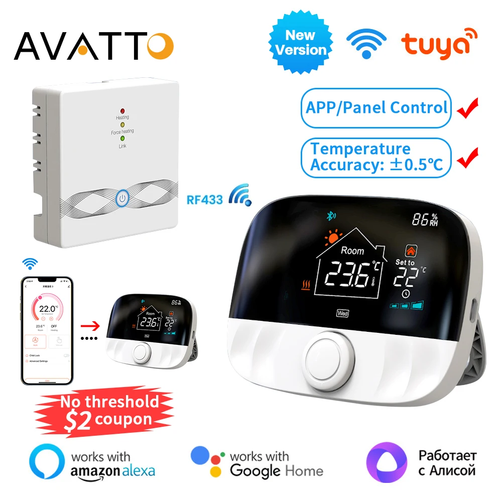 AVATTO RF Wireless Thermostat,RF 433 Water Gas Boiler and Actuator Programmable 0.5℃ Hysteresis Temperature Controller