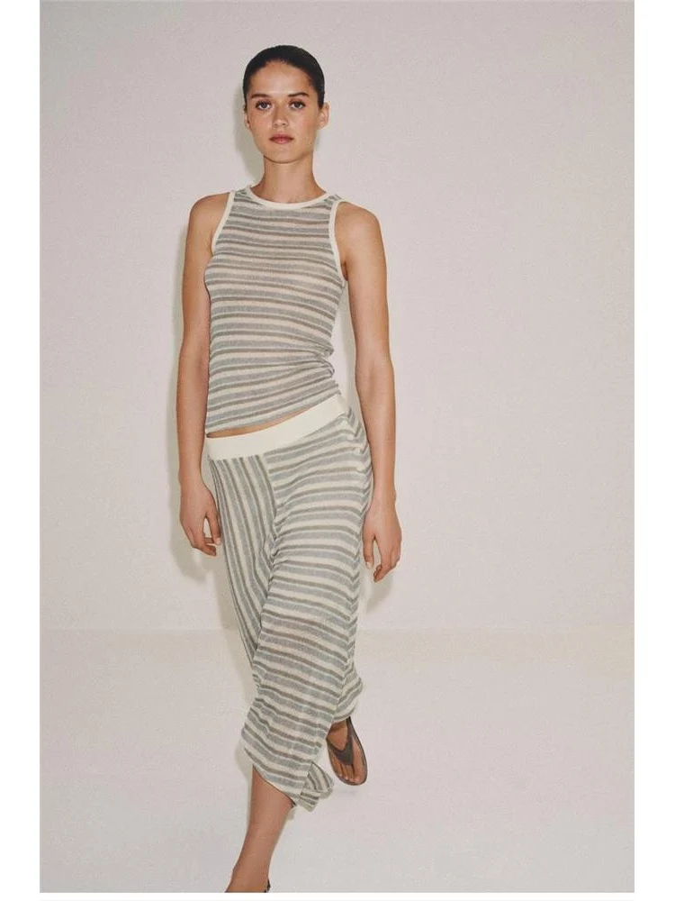 Asymmetric High Elastic Waist Stripe Sleeveless round Neck Top And Skirt Set Women's Summer Fashion Citywalk Loose Fit Style