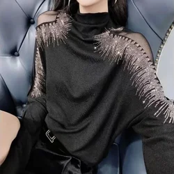 Graphic Turtleneck Korean Fashion Pullover Clothes Top Women's Tshirt Clothing Rhinestone T Shirts for Women Streetwear N820