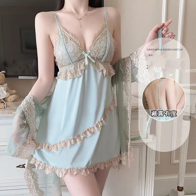 

Sexy Lace Twinset Robe Set Nightgown Suspender Nightdress Summer Bathrobe Gown Loose Silk Satin Homewear