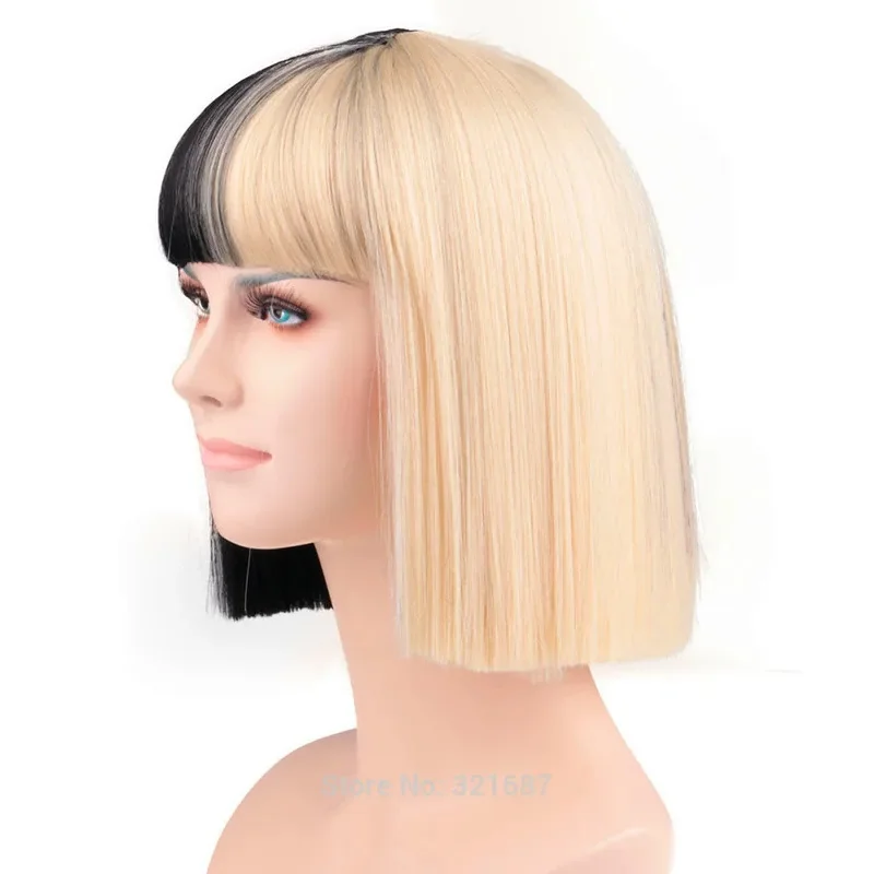 2025 Sia Cosplay frange vivante garniture aux yeux moitié noir et blond moyen résistant à la chaleur perruques de cheveux + bonnet de perruque