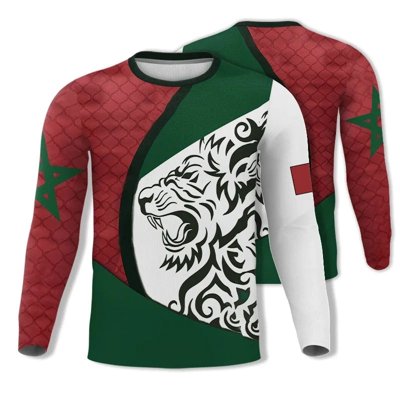3D Morocco National Emblem Flag Graphic T Shirt for Men Clothing y2k Tops Fashion Long Sleeved T-shirt Casual Gym Fitness Jersey