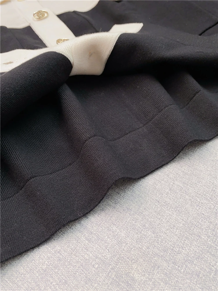 Classic encore ~ Stylish black and white color contrast patchwork lapel long sleeve casual sweater jacket for women loose