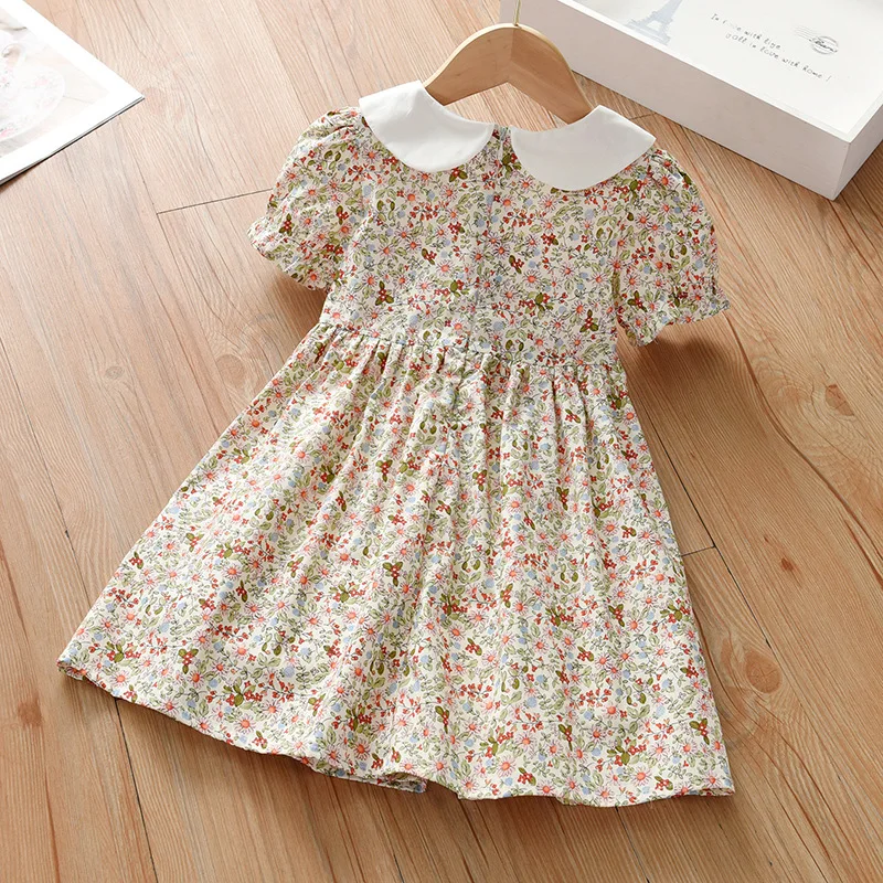 Children Floral Print Girls Fashion Short Sleeve Spring Summer Casual Beautiful Dress Clothes