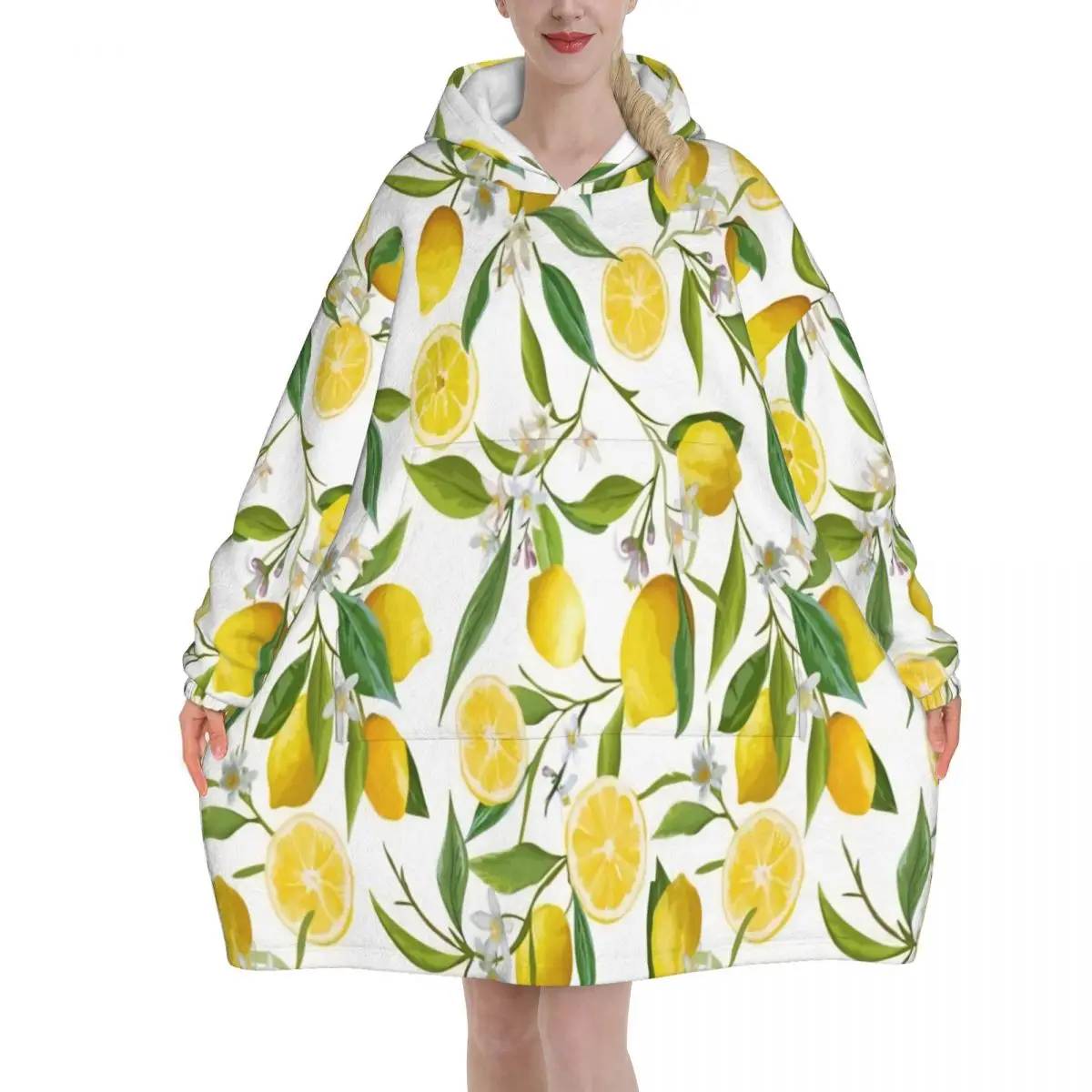 Lemon Sicily Rectangle Wearable Blanket Hoodie for Women Men Oversized Sweatshirt Blanket with Pocket