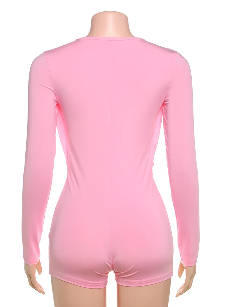 Sisterlinda Playsuits mit schwingendem Ausschnitt für Damen, einfarbig, mit Metalleinsatz, Ausschnitt, volle Ärmel, Stretch, sexy, schmal geschnitten, schick, trendige Clubwear – Detail 12